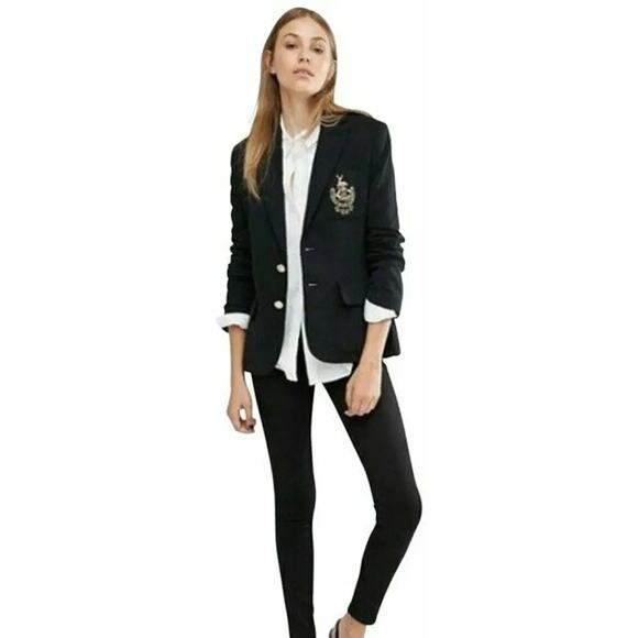 Ralph Lauren Navy Crest Wool Insignia Embroidery Emblem Blazer Jacket Notch 10 P